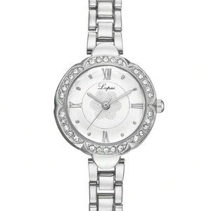 Luxury 2 Pc Quartz Lupai Watch Women Silver Rhinestone Bracelet Watch Jewelry